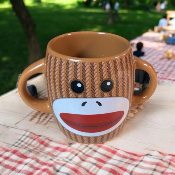 Galerie Sock Monkey Two-Handle Ceramic Mug – Brown Red Knit Pattern Cup - Picture 1 of 3